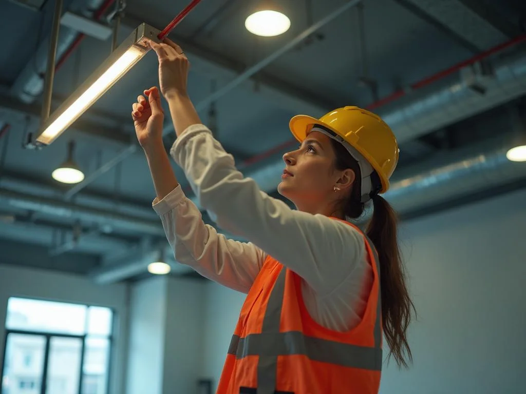 Electrician installing light fixtures