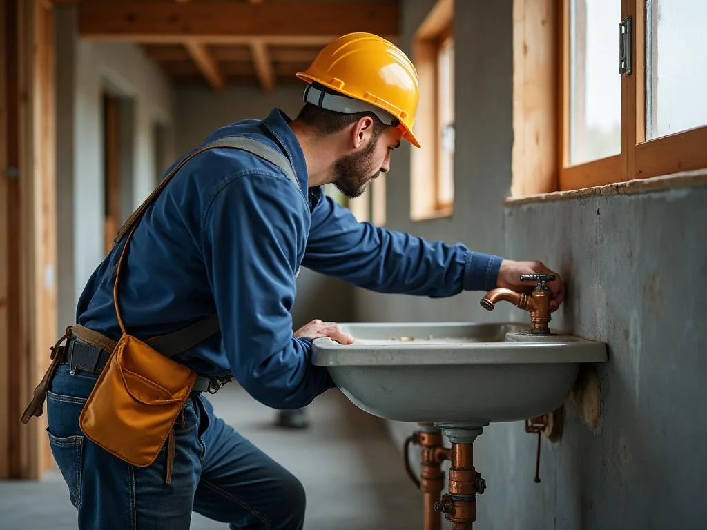 Plumber working on construction site